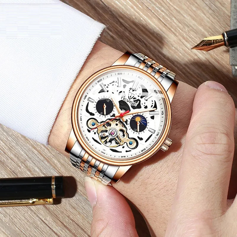 Men's mechanical tourbillon watch with waterproof case and luminous hands in multiple colour options