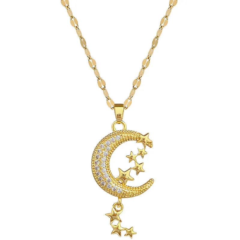 Geometric moon tassel necklace with stainless steel chain and copper pendant