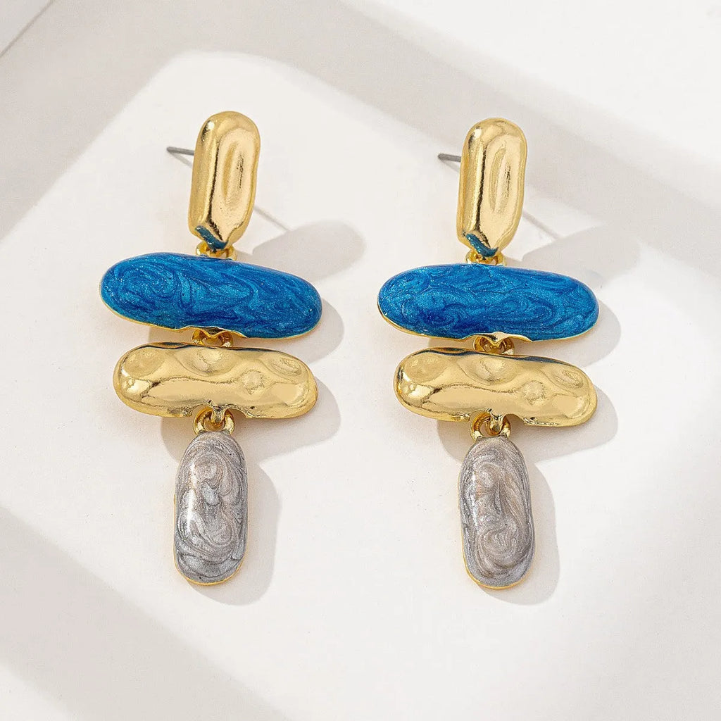 Geometric stud earrings with multicolour electroplating on zinc alloy