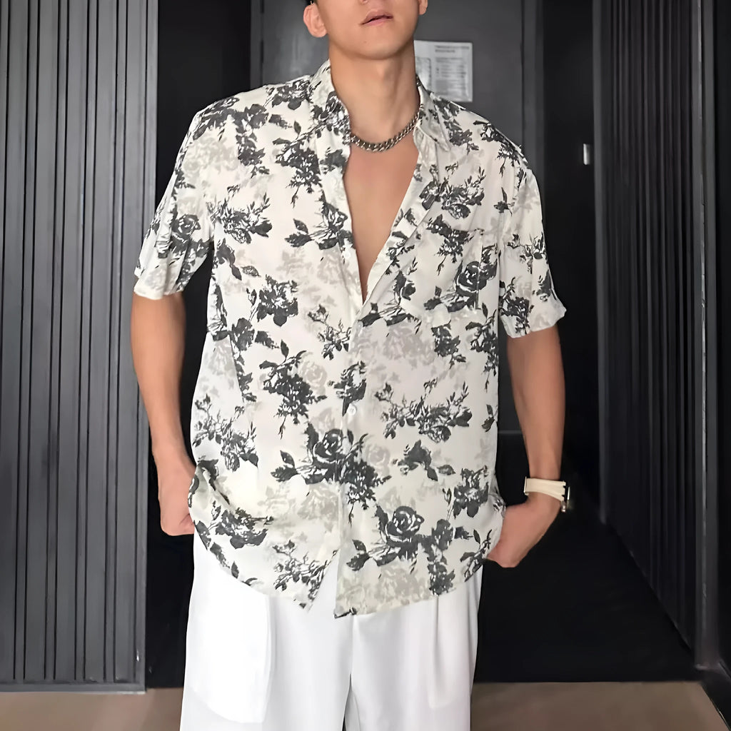 Printed floral short sleeve shirt in loose casual pendant style available in white and black colours