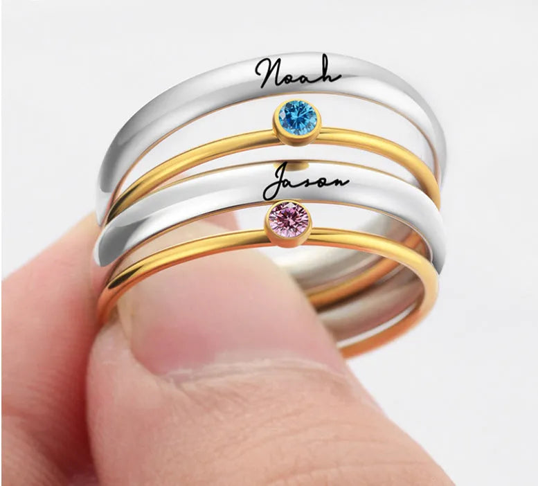 December birthstone engraved titanium steel ring with geometric design and gold electroplating.