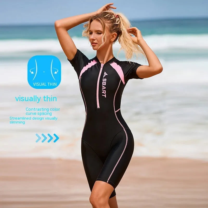 Women's solid colour quick-dry one-piece swimsuit with short sleeves and chest pad