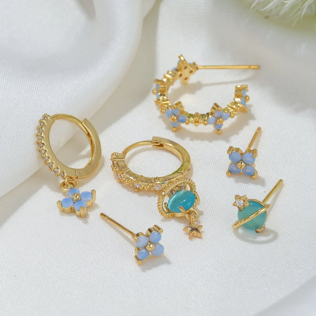 Blue zircon flower stud earrings in Japanese Korean style with gold or silver metal finish