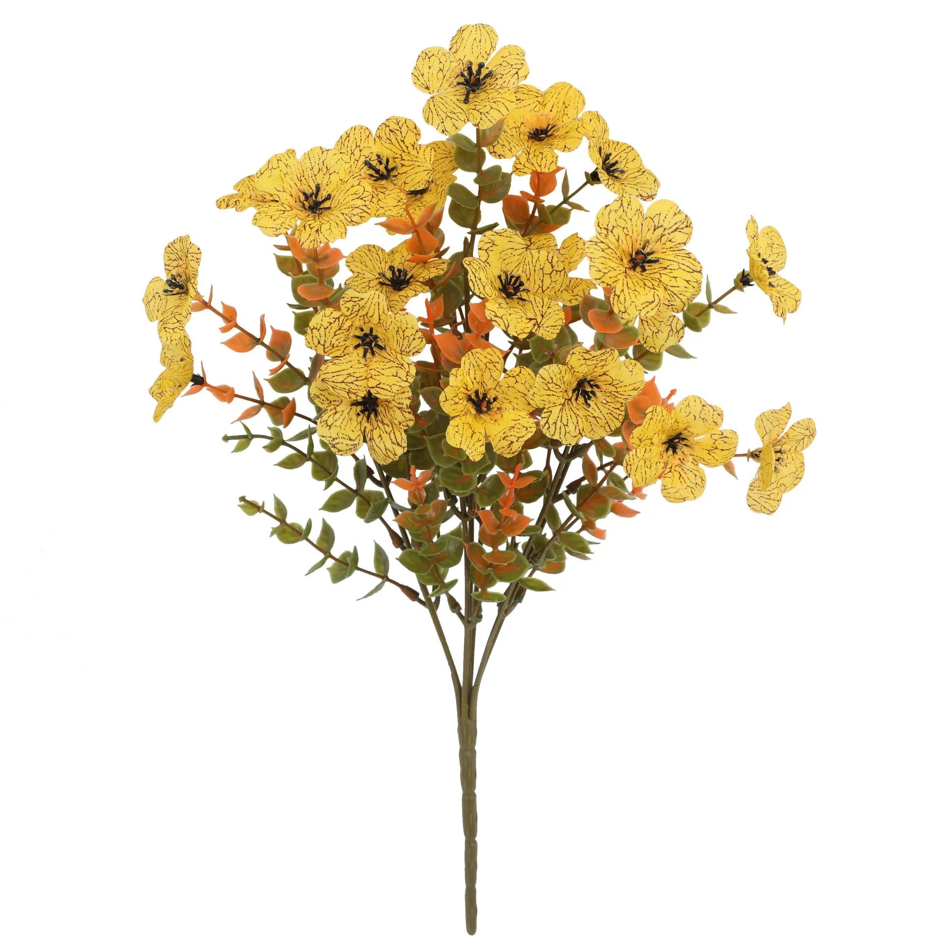 Artificial flower bouquet in autumn orange, yellow, and red colours with detailed plastic and silk construction