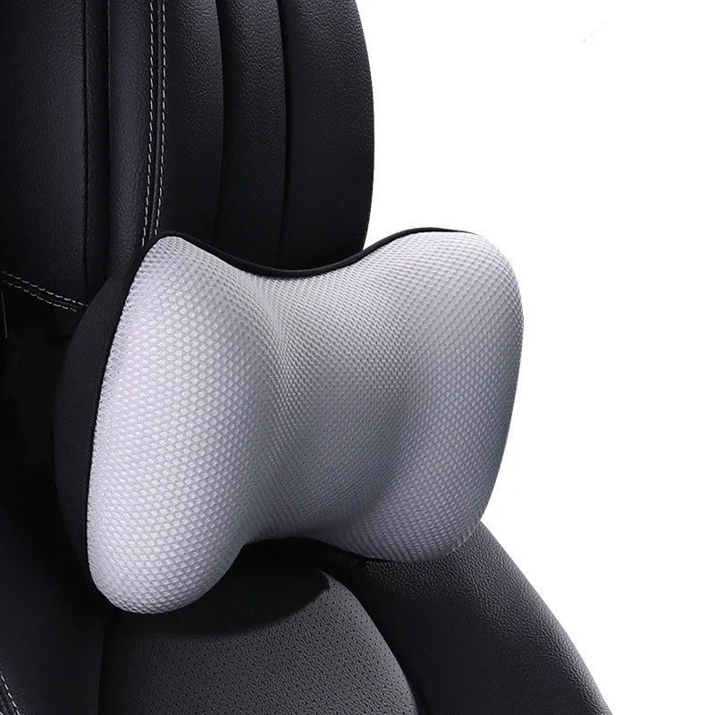 Ergonomic car headrest and lumbar support cushion with BASF memory foam in breathable starry sky net fabric on a car seat