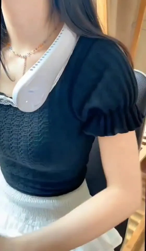 Blue bladeless neck fan with a flexible neckband, showing USB charging port and control buttons.