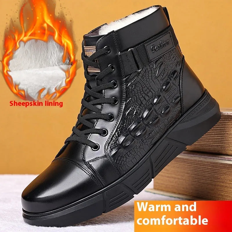 Black genuine leather snow boots with fur lining and non-slip rubber soles, front lace-up closure