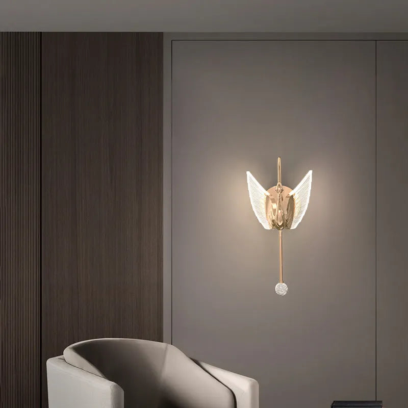 Gold modern minimalist swan design bedroom wall lamp with acrylic shade and iron frame