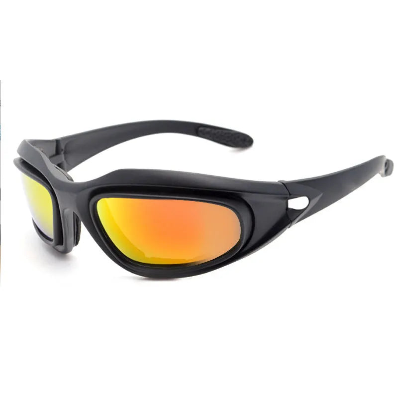 Polarised tactical sunglasses for cycling with dustproof features and PC frame construction