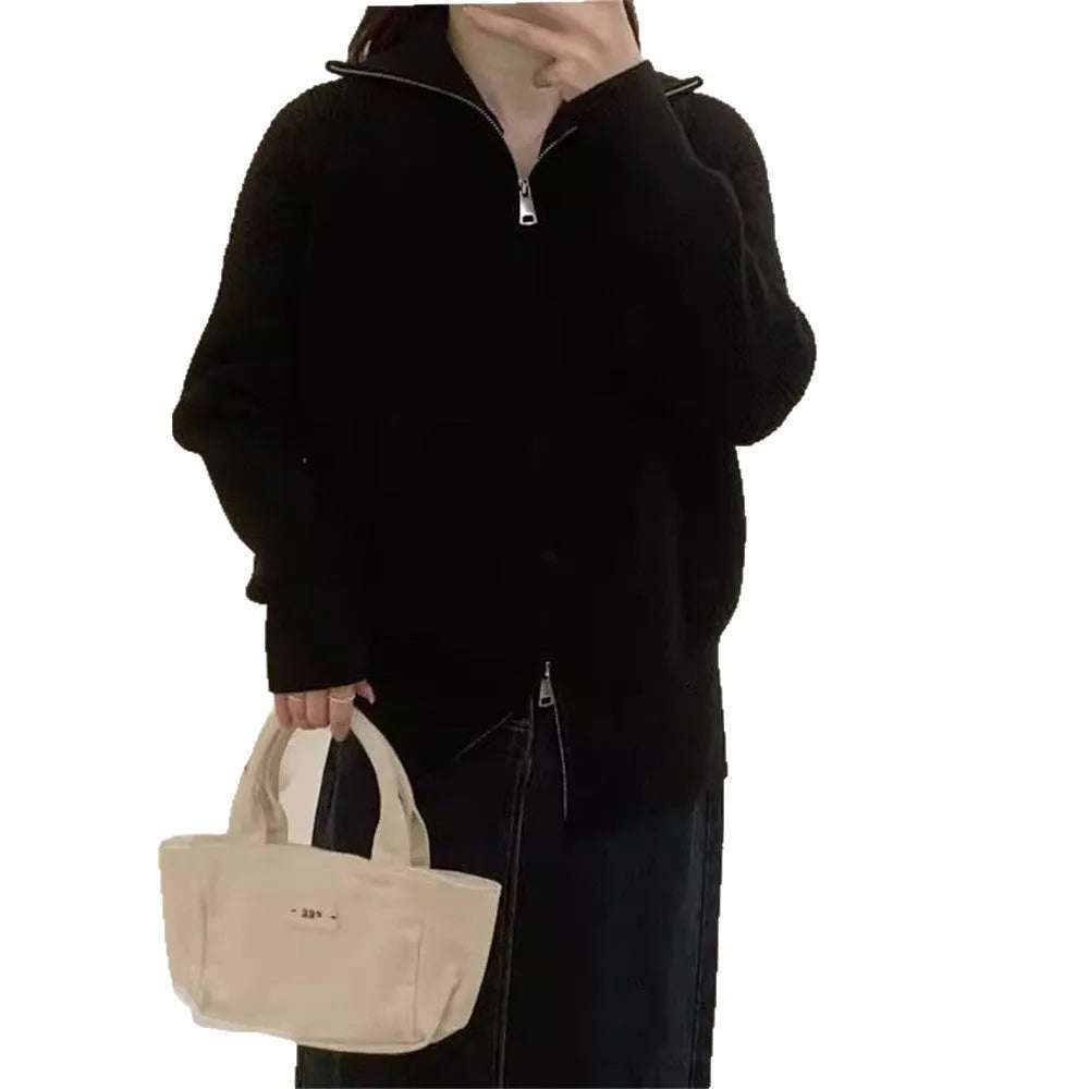 Hong Kong style double zipper knitted cardigan jacket in loose fit with floral pattern and three-dimensional decoration