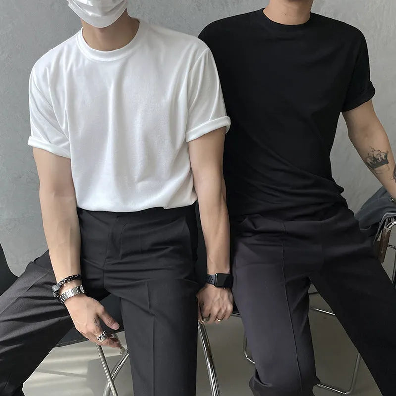 Men's slim fit cotton T-shirt in white or black with half sleeves