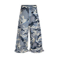 Snow camouflage blue loose-fit jeans with a mid-waist, shown flat.