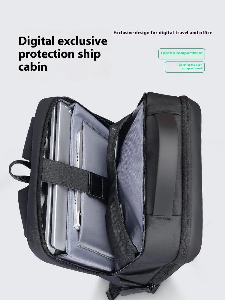 Graphite grey Oxford cloth business backpack with USB charging port and under 20 litre capacity