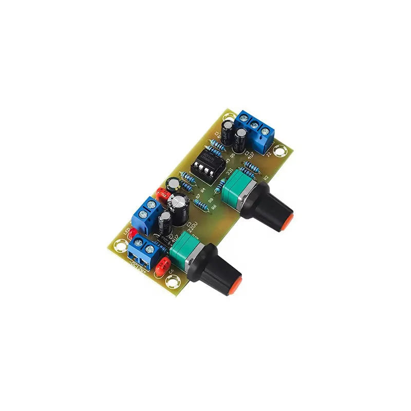 Front stage audio board with components on green FR-4 PCB measuring 78x32mm with mounting holes