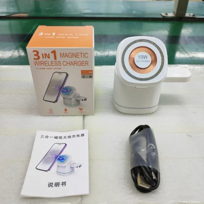 Three-in-one folding magnetic wireless fast charging charger in Iron Grey with phone, earphones and watch placed on charging pads