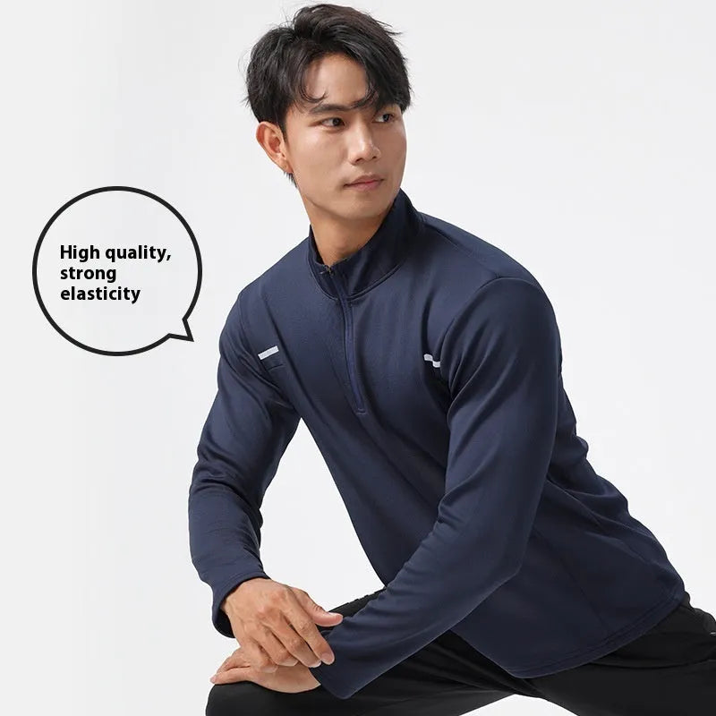 Men's half zip windproof quick dry training top in black, long sleeve, fleece lined, polyester fabric