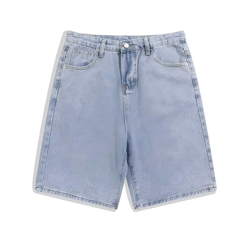 Men's solid colour denim shorts with straight-leg cut and five-point styling on mid-waist design