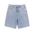 Men's solid colour denim shorts with straight-leg cut and five-point styling on mid-waist design