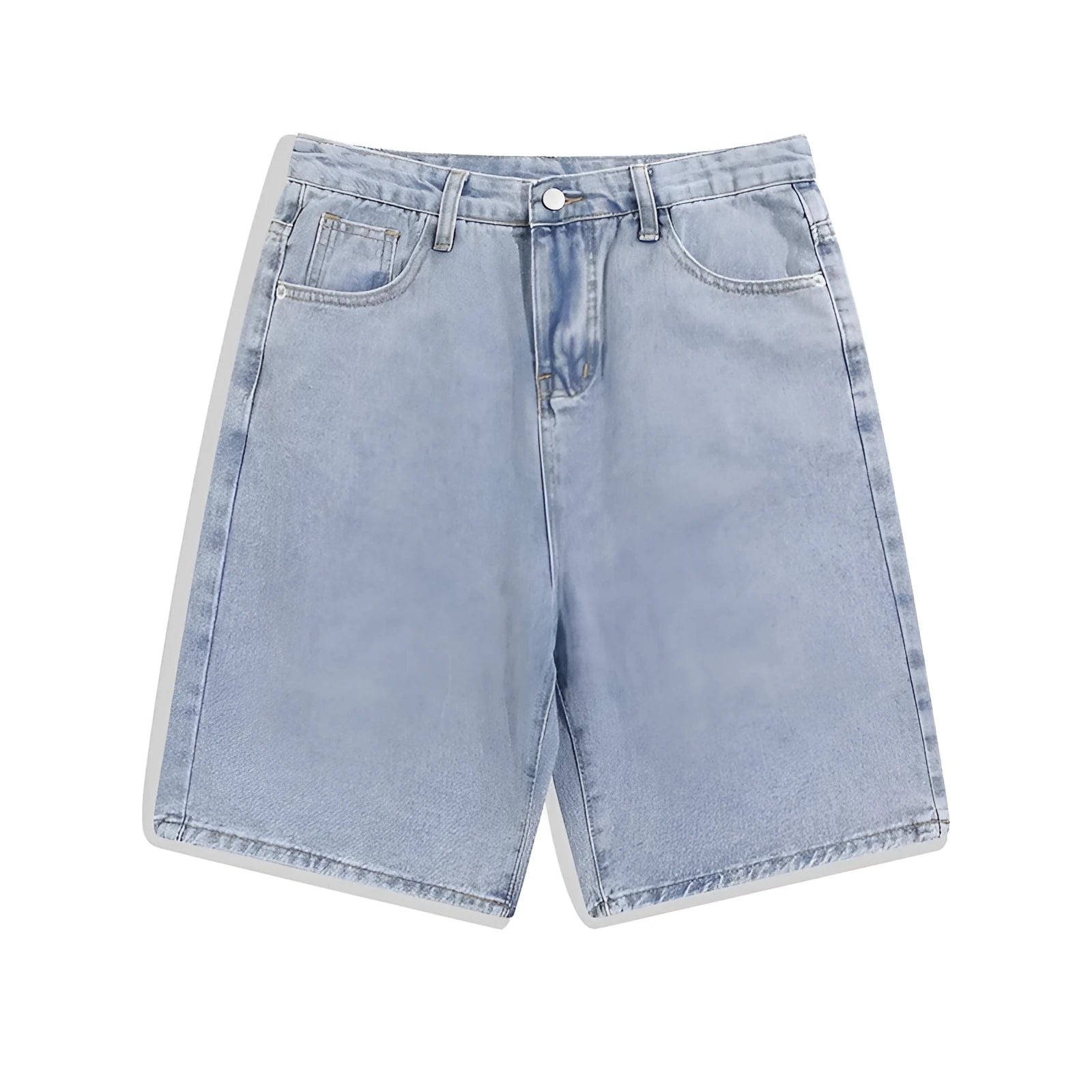 Men's solid colour denim shorts with straight-leg cut and five-point styling on mid-waist design