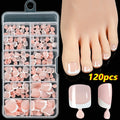 120-piece box of French white tip full square short nude nail appliqués in nine colour shades.