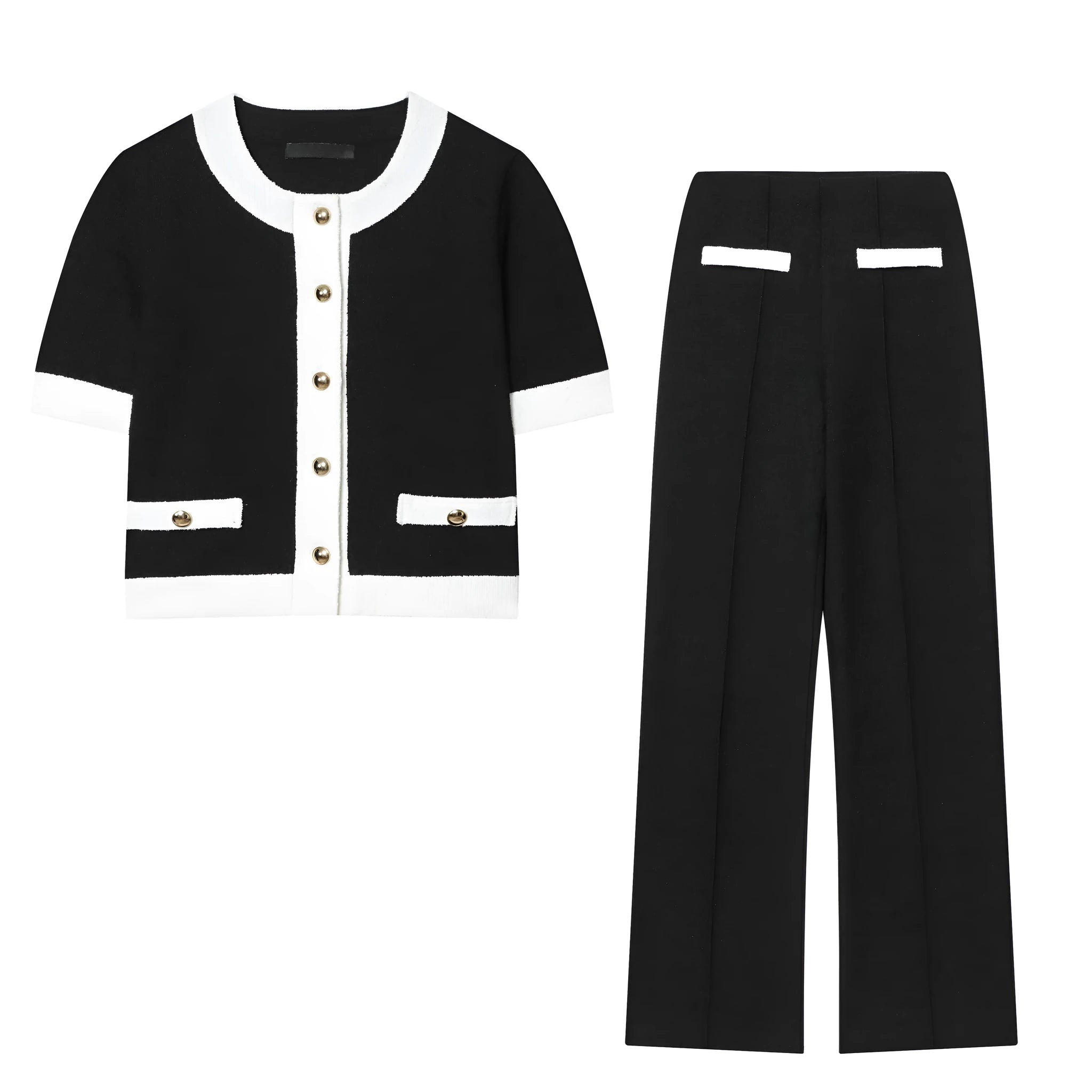 Women's polyester street fashion suit with beaded leather neck top and contrast colour high-waisted trousers