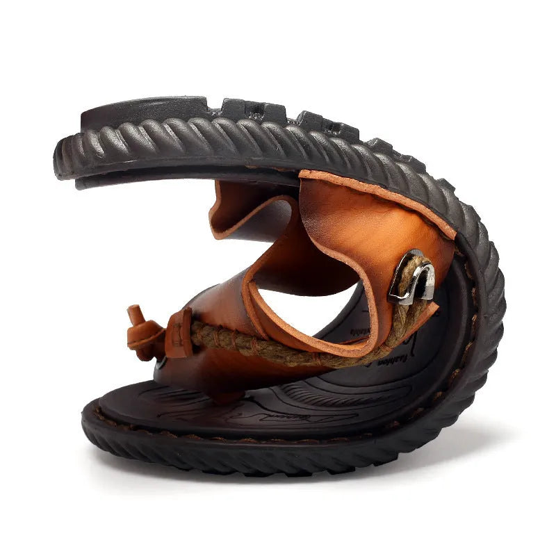 Men's plus size herringbone outdoor slippers in dark blue and khaki with rubber sole and leather lining