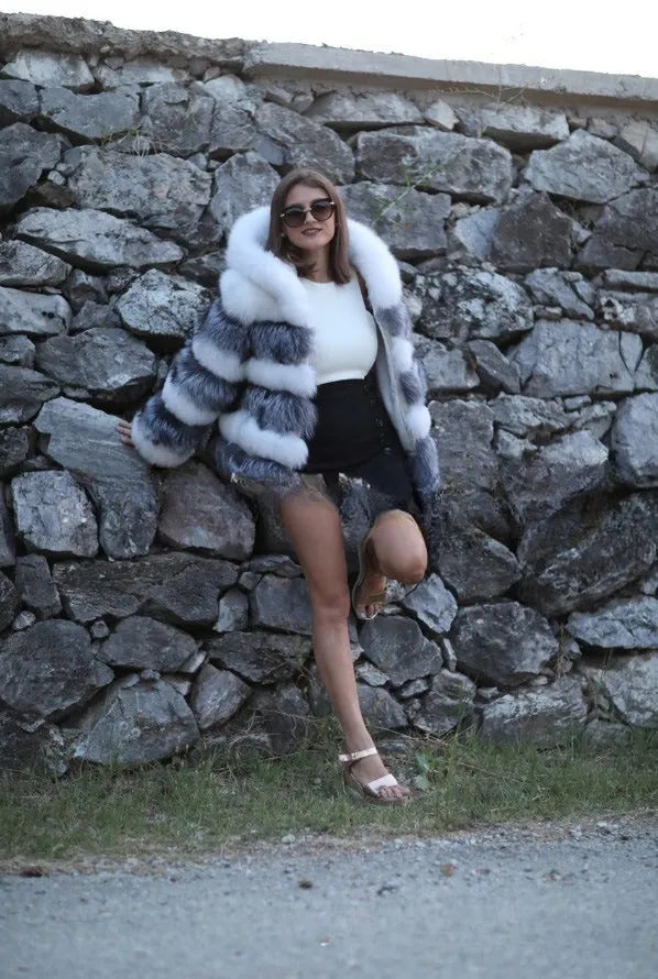 Women's artificial fur hooded coat in street fashion style with 65cm length