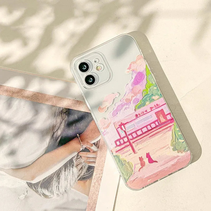 Soft silicone mobile phone case featuring a colourful two cat cartoon print on the back.