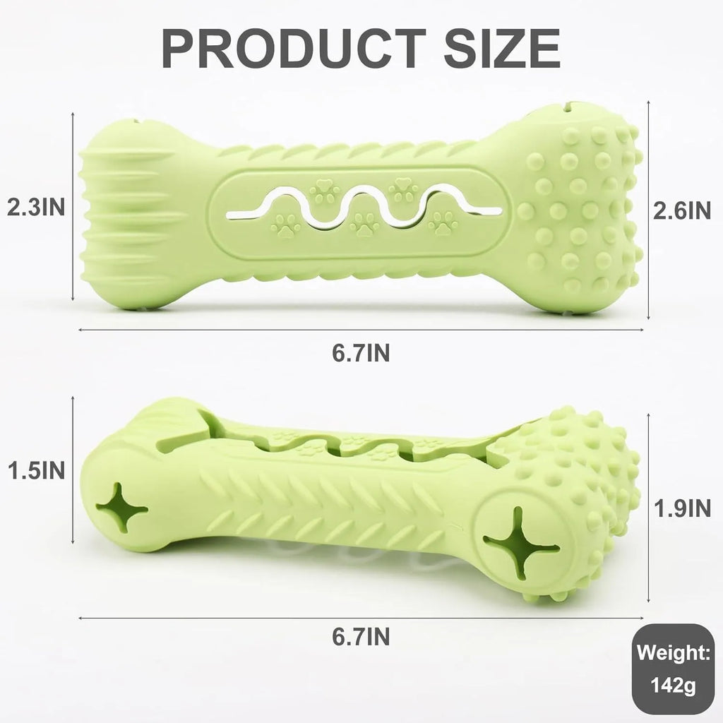 Natural rubber bone-shaped dog chew toy in blue, green, and orange options for aggressive chewers