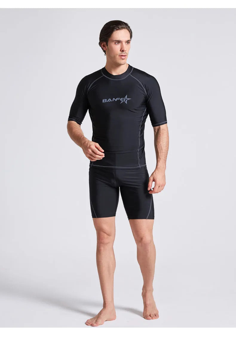 Men's blue quick-drying nylon swim set with half-sleeve top and matching swim pants on a mannequin.