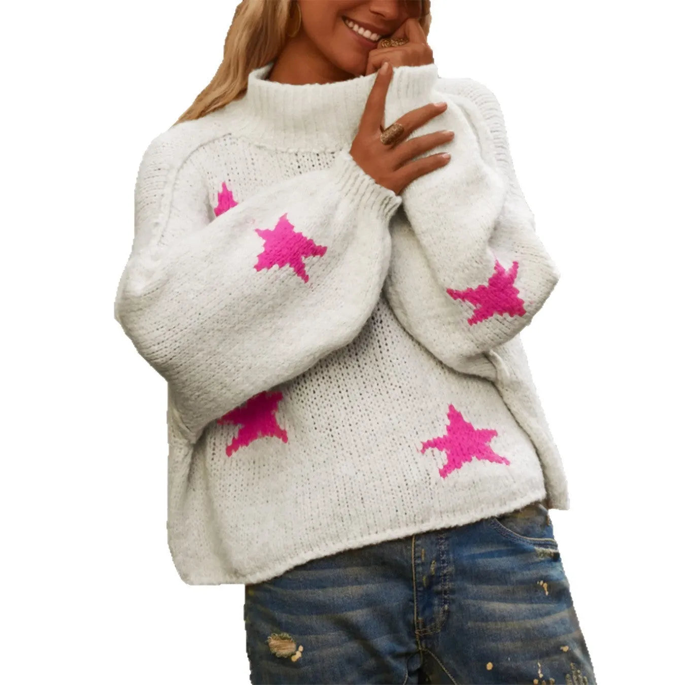Women's white turtleneck pullover with five-pointed star pattern in thick imitation velvet fabric