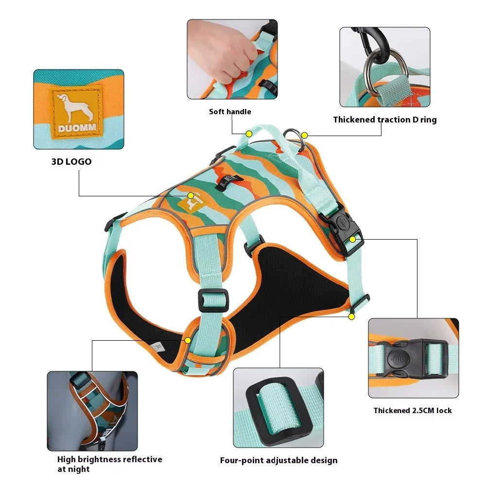 Orange reflective dog harness with double-ended lead for medium breed control during walks