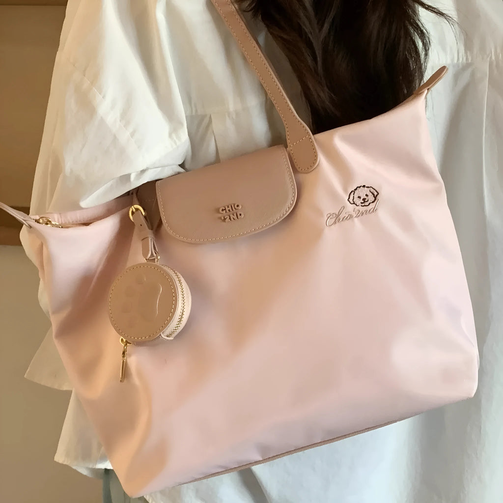 Beige Oxford cloth tote shoulder bag with sandwich pocket and mobile phone compartment