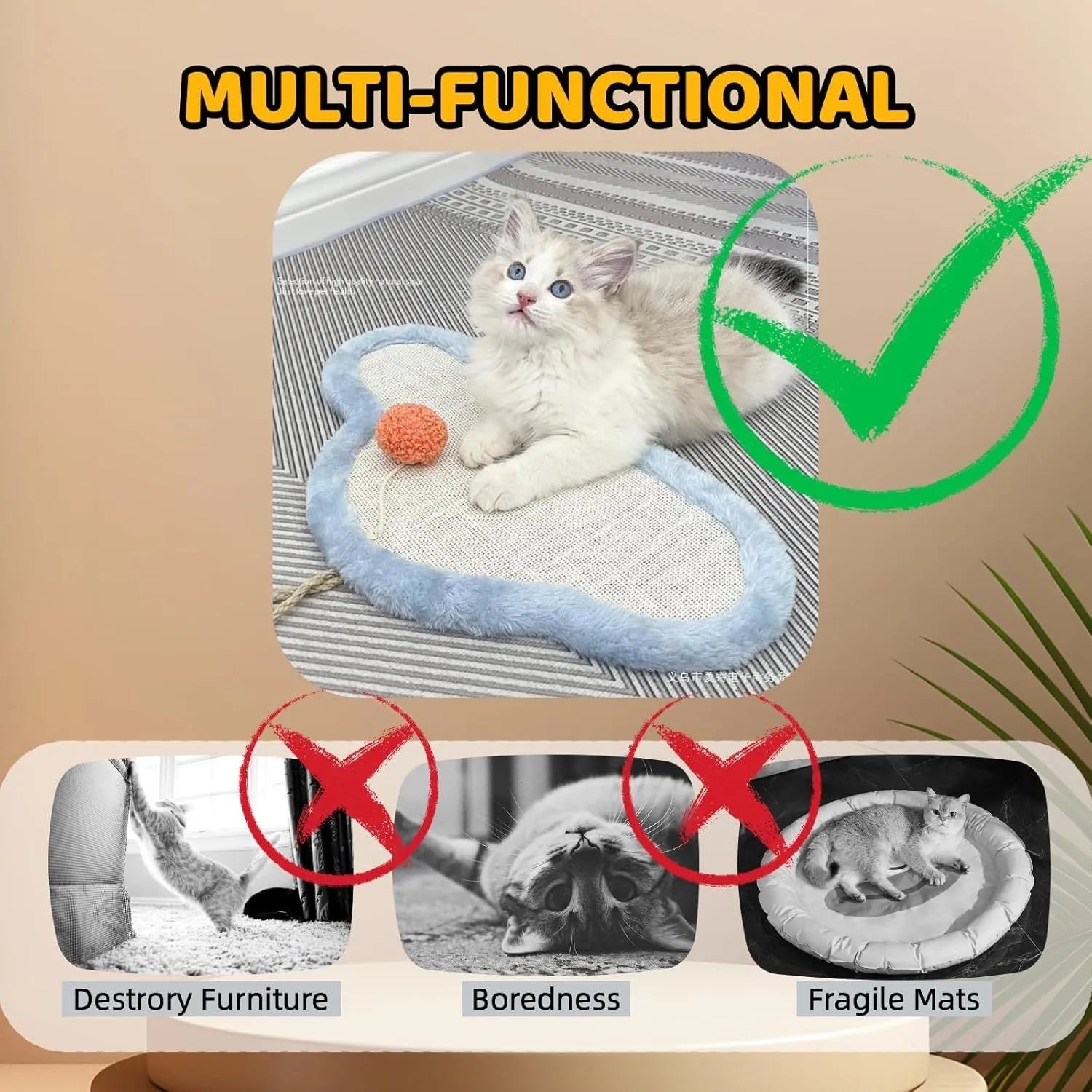 White wall-mounted cat scratching mat with natural sisal and sleeping cat cartoon design.