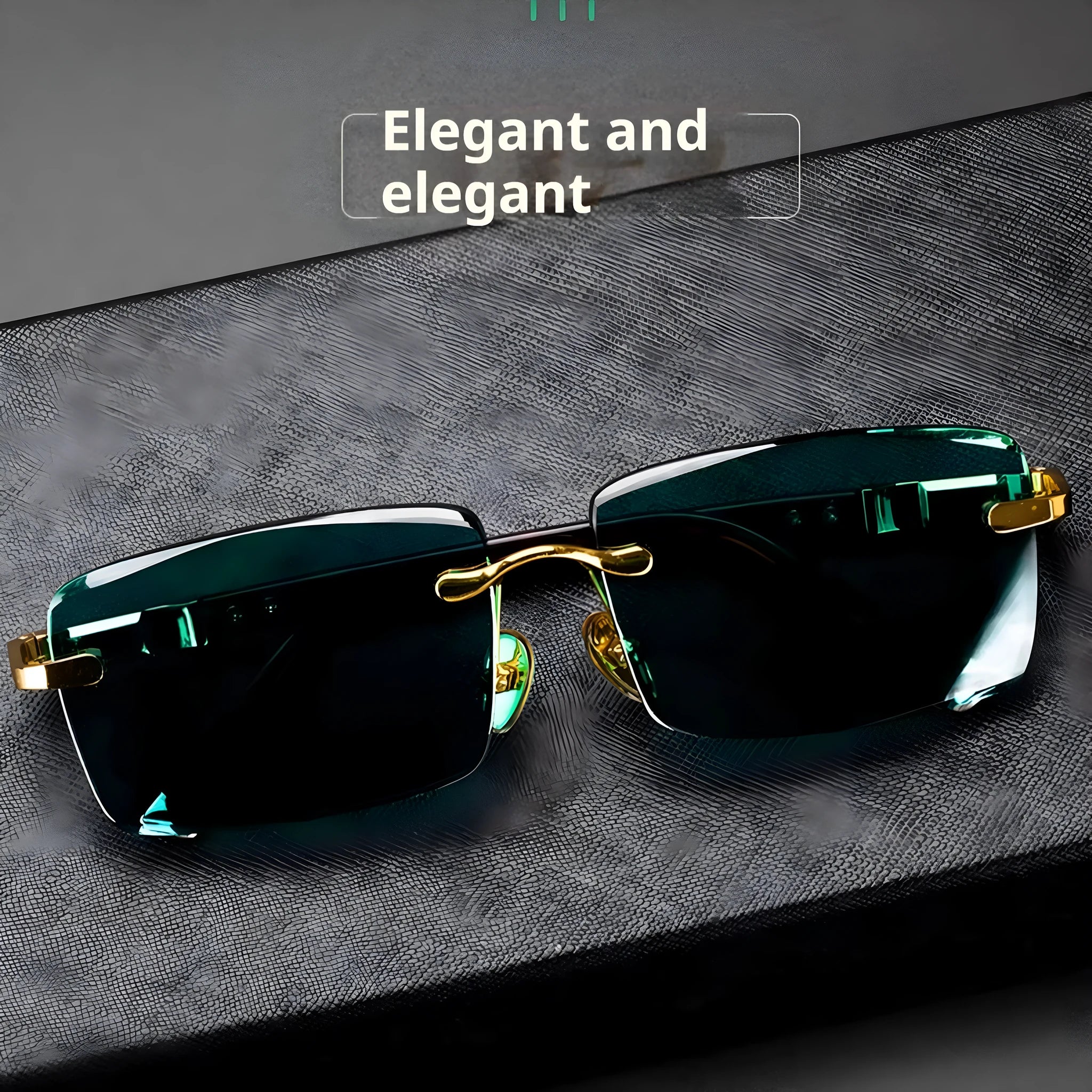 Frameless dark green crystal sunglasses shown with a glasses case and a lens cloth.
