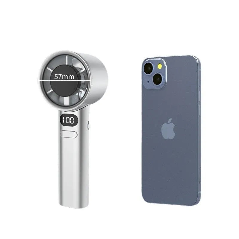 USB-powered handheld fan with variable speed control showing green colour option