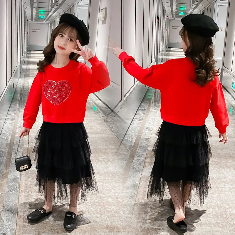 Girls sequin love pullover cotton two-piece skirt set in white and red sizes 110-160cm