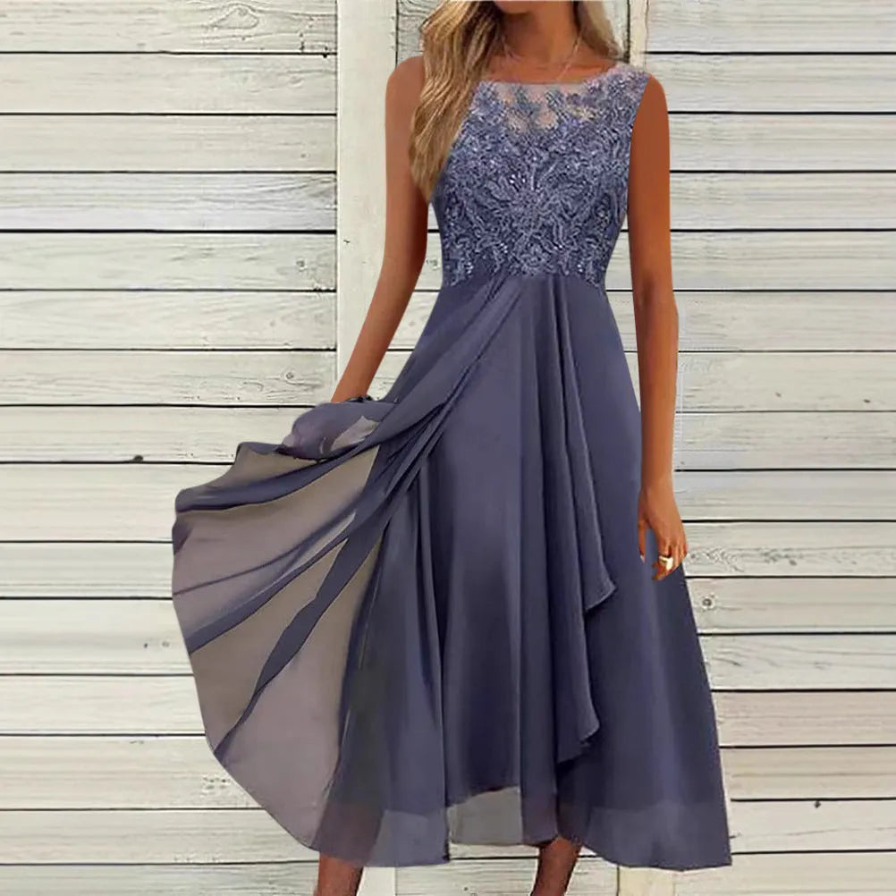 Women's sleeveless chiffon dress with lace hollow-out stitching in green, shown in a princess-style mid-length cut.