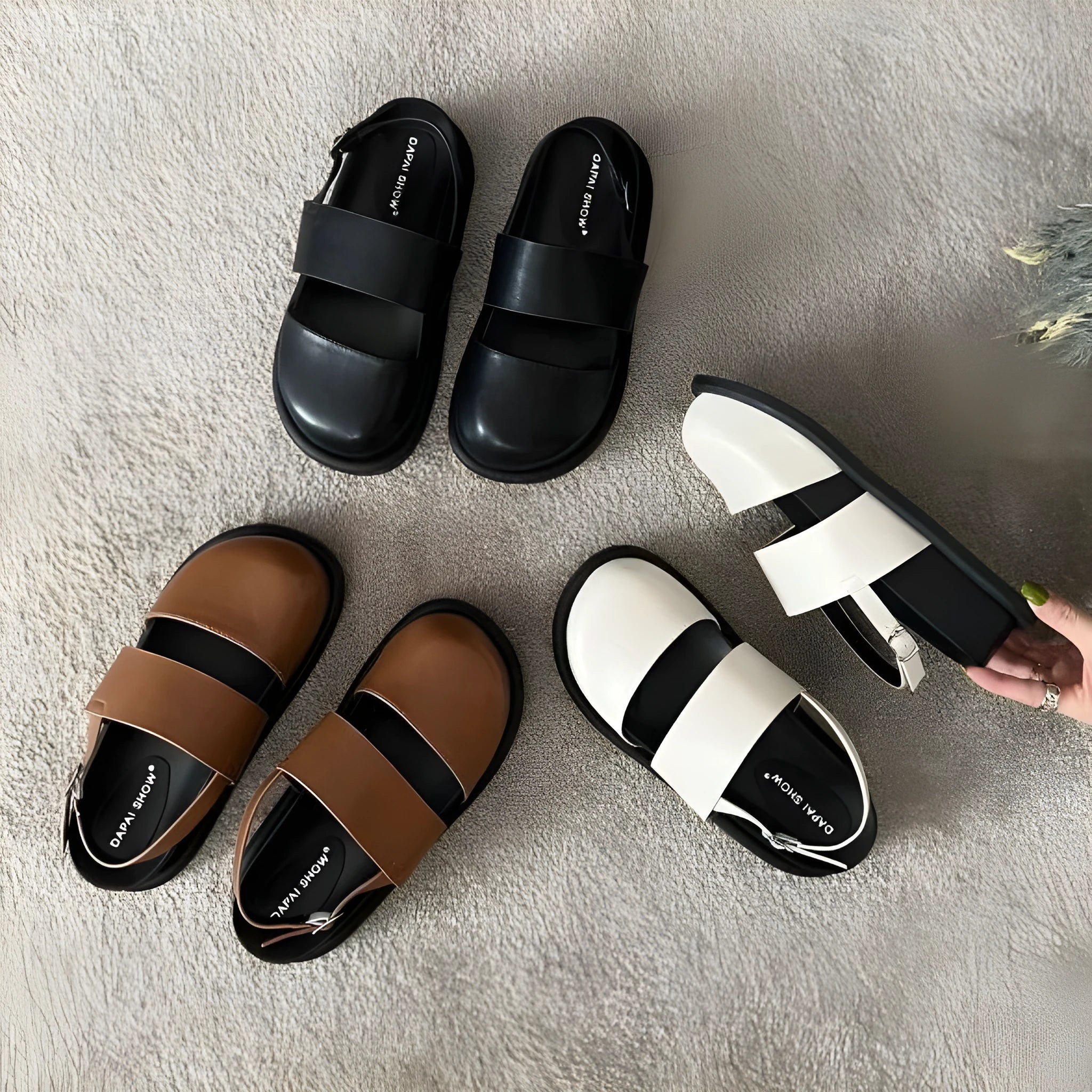 Retro women's closed toe sandals with ankle strap buckle in apricot colour