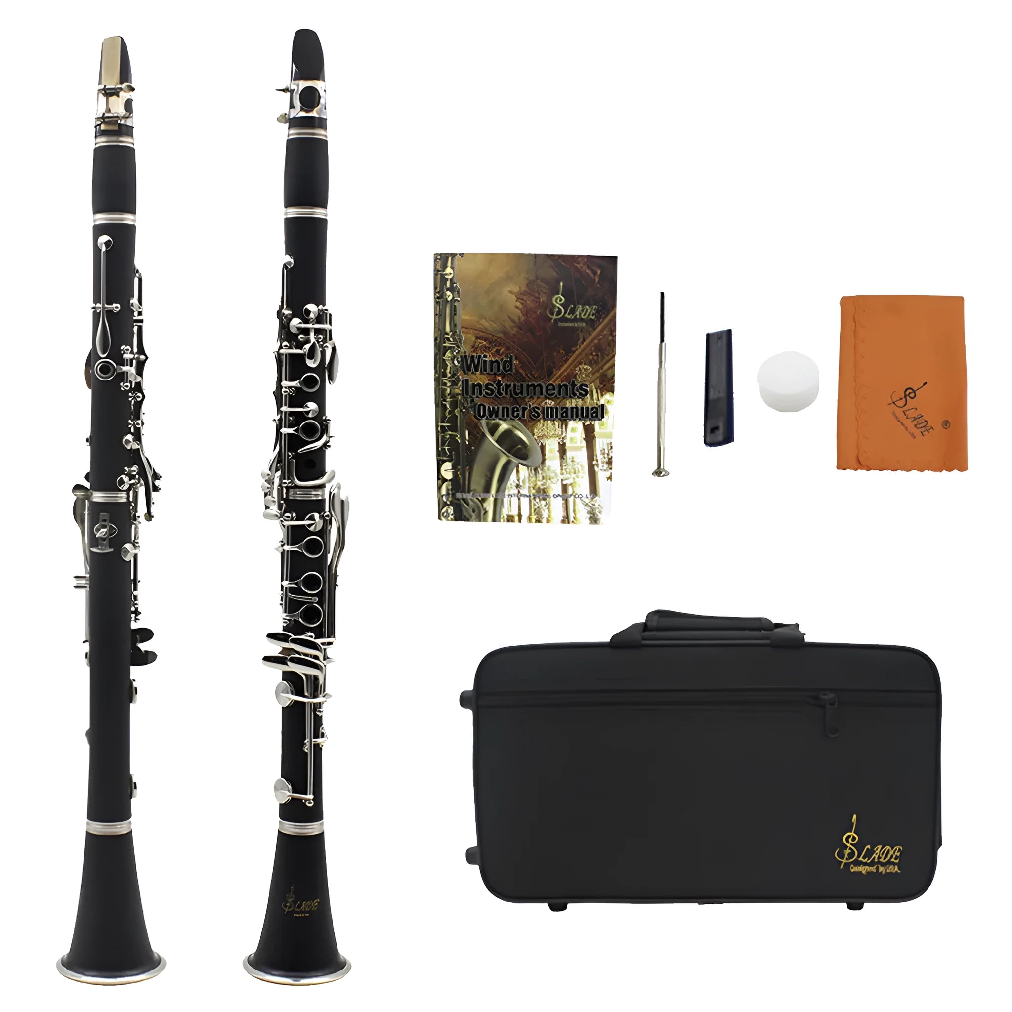 Black Bb soprano clarinet with Bakelite body and nickel 17-key mechanism with carrying bag