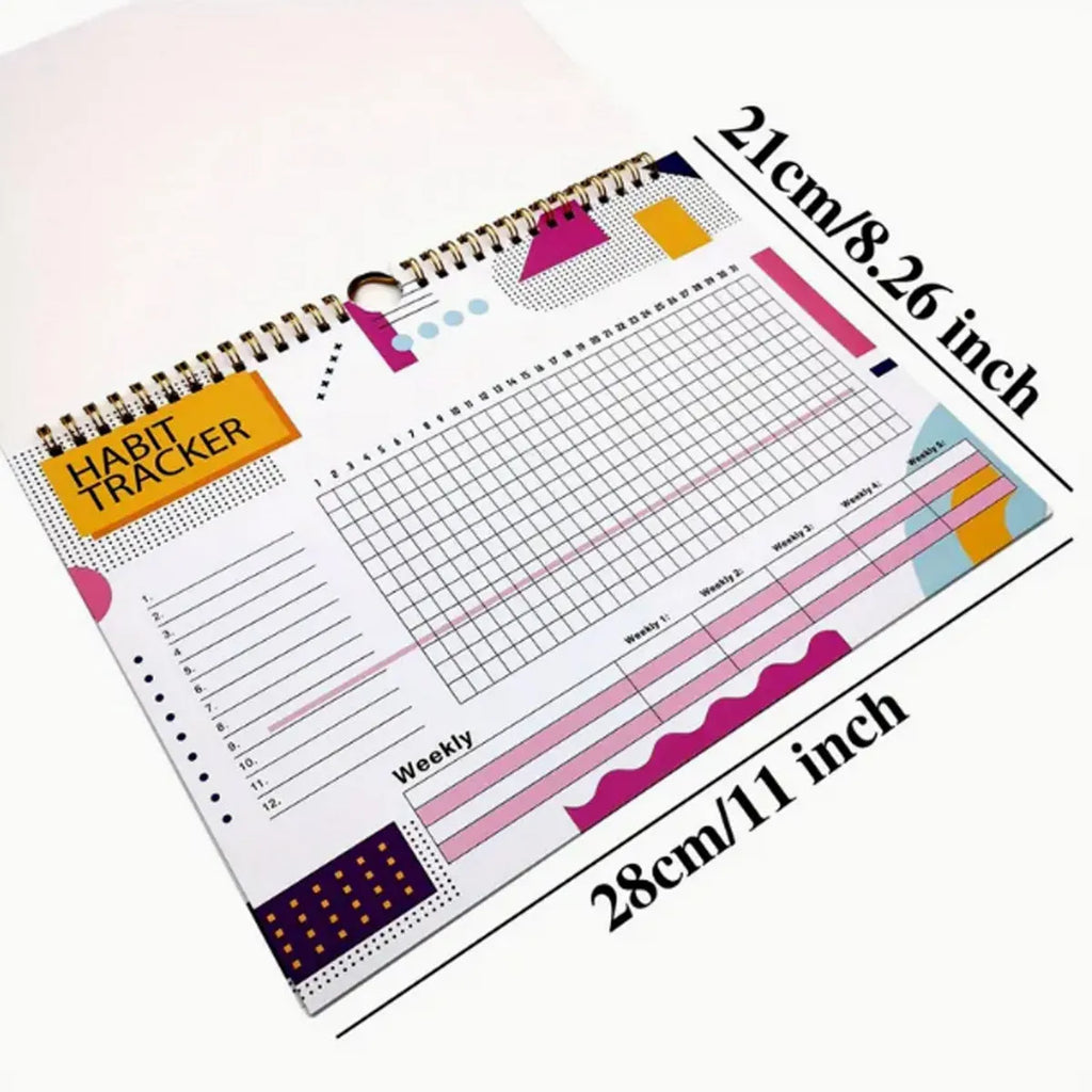 Habit tracking book with 12 pages measuring 21cm by 28cm in four colour options