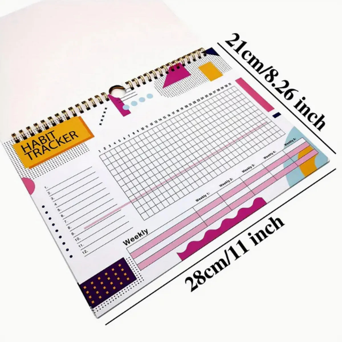 Habit tracking book with 12 pages measuring 21cm by 28cm in four colour options