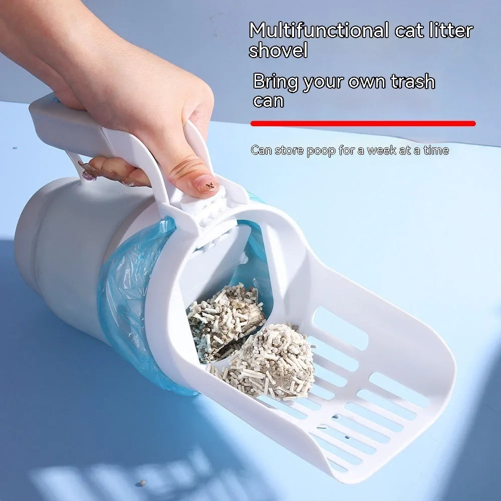 Grey foldable cat litter scoop and waste bin system with a non-slip handle and secure lid.
