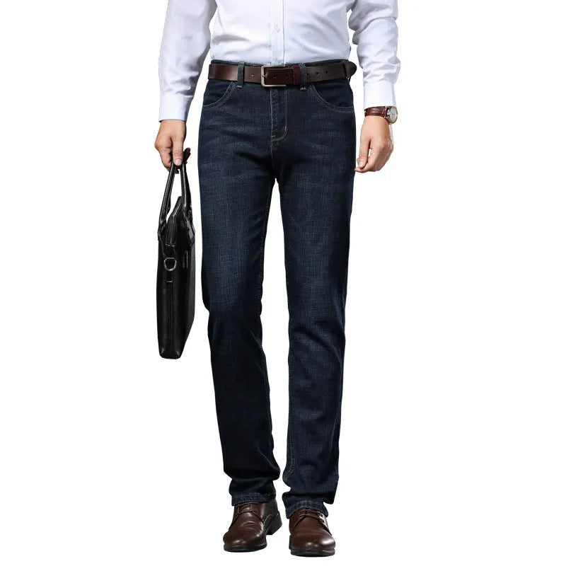 Women's straight-leg stretch jeans in mid-waist style with zip fly, available in black and blue