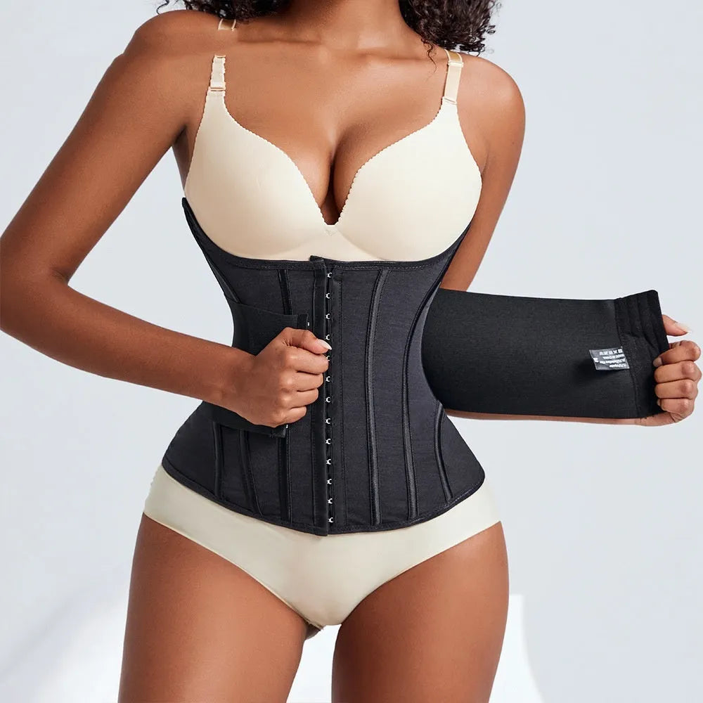 Black nylon belly band waist training belt for tummy slimming support during fitness activities