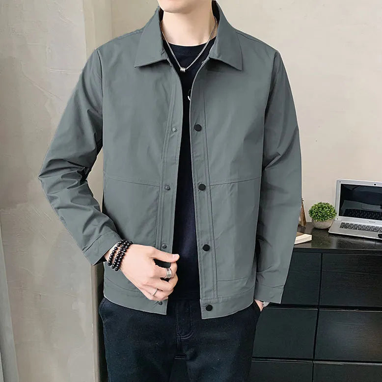 Korean style men's single layer polyester jacket for spring and autumn in grey tones.