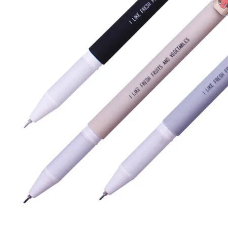 Black gel pen with full needle tube design on white surface, plastic body, cap on