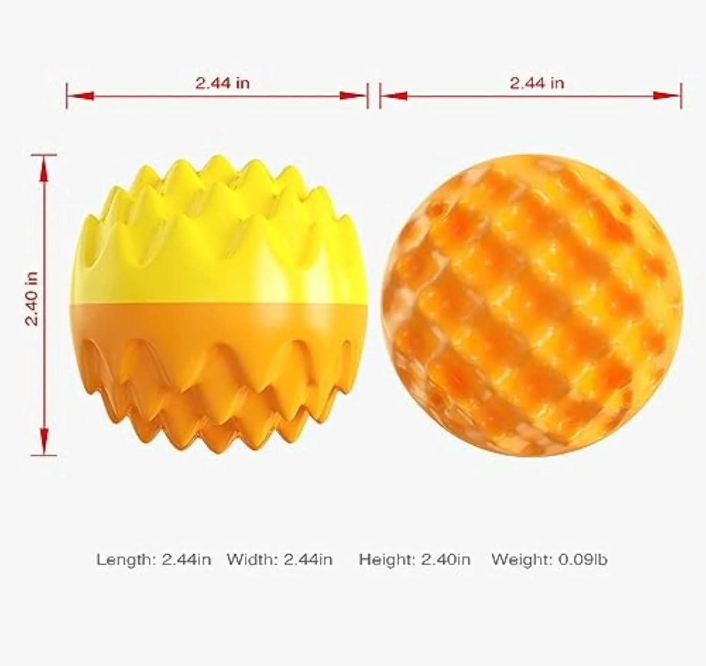 Blue and orange spiky rubber dog ball with squeaker, for teeth cleaning and water fetch.