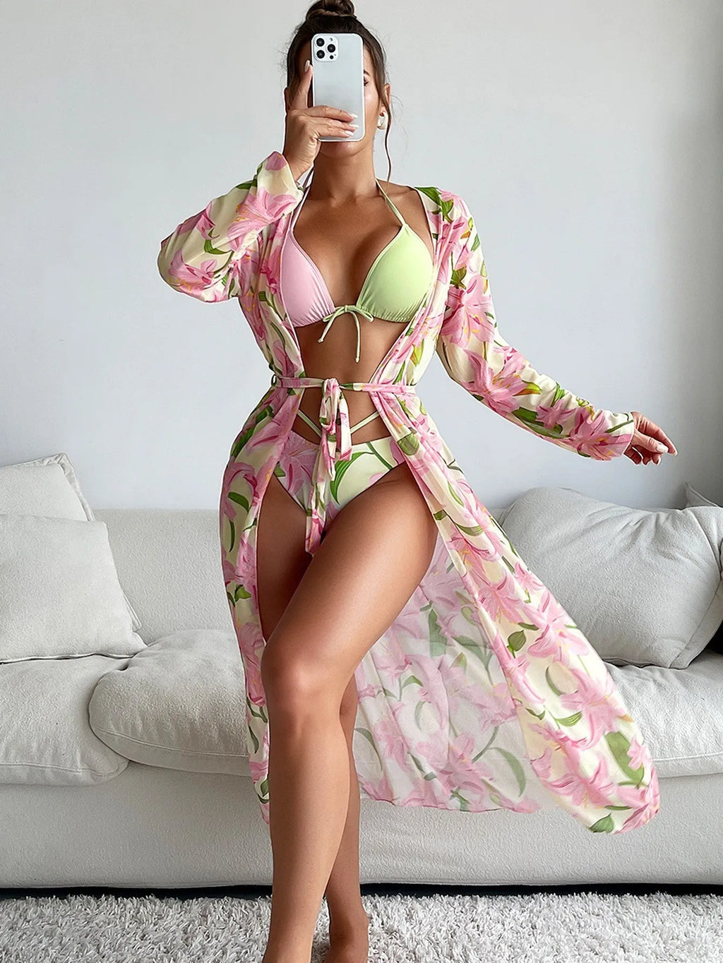 Women's printed bikini swimsuit with quick-dry fabric on a mannequin.