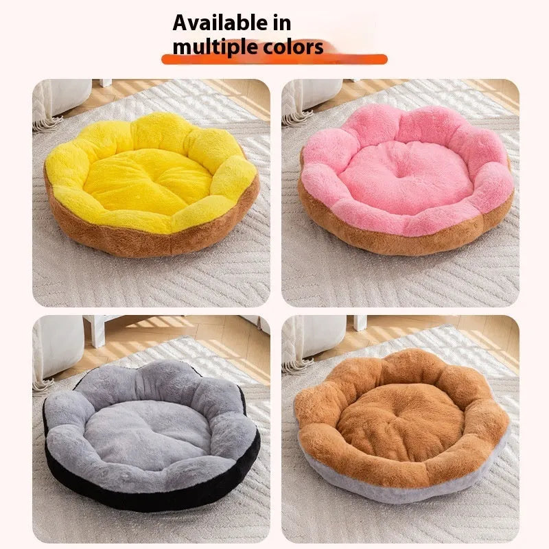 Detachable rabbit plush round nest cat bed showing flower nest colour patterns in multiple sizes
